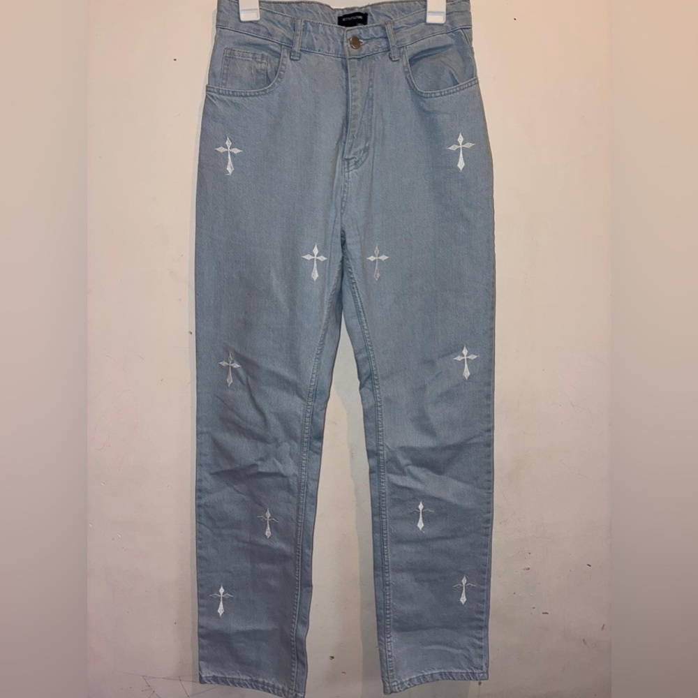 PrettyLittleThing Light Blue Wash Cross Print Long Leg